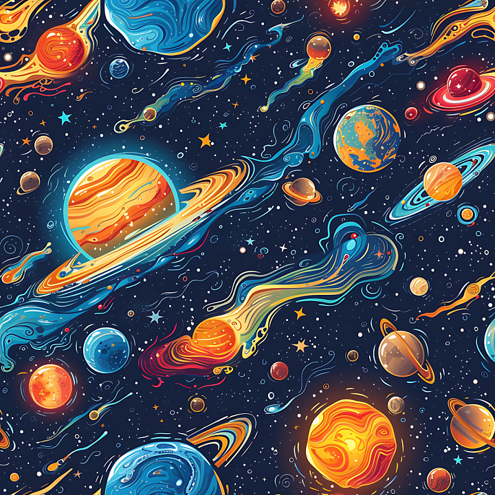 Cosmic Space With Colorful Planets And Dynamic Comet Trails seamless PBR texture preview