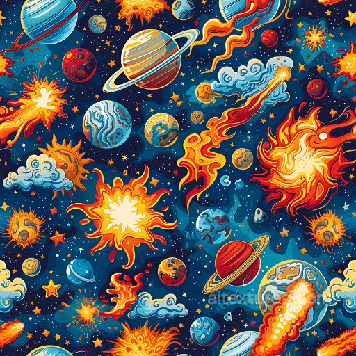 Space PBR Texture Featuring Cartoon-Style Planets and Explosive Cosmic Elements seamless Star, space, planets PBR texture