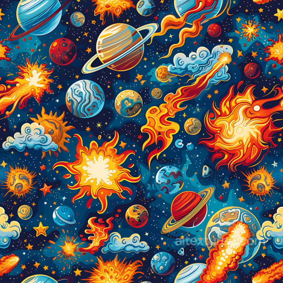 Space PBR Texture Featuring Cartoon-Style Planets and Explosive Cosmic Elements Star, space, planets texture preview