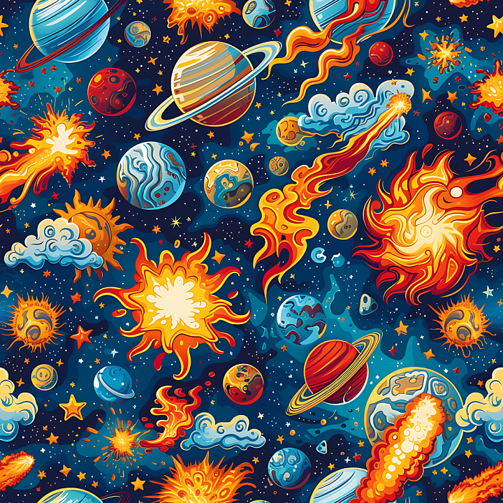 Space Featuring Cartoon-Style Planets and Explosive Cosmic Elements seamless PBR texture preview