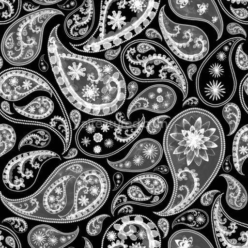Seamless 3D PBR Retro Paisley Fabric Texture with Black and White Floral Pattern