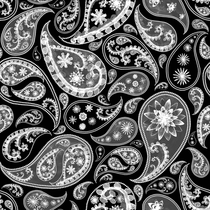 Retro Paisley Fabric with Black and White Floral Pattern seamless PBR texture preview