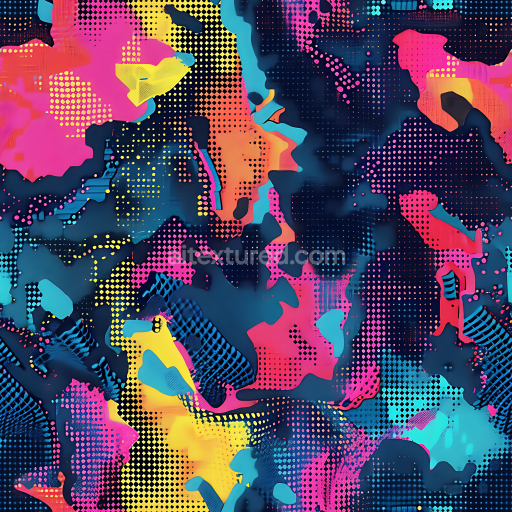 Seamless 3D Futuristic Digital Camouflage PBR Texture with Neon Halftone and Abstract Color Blotches