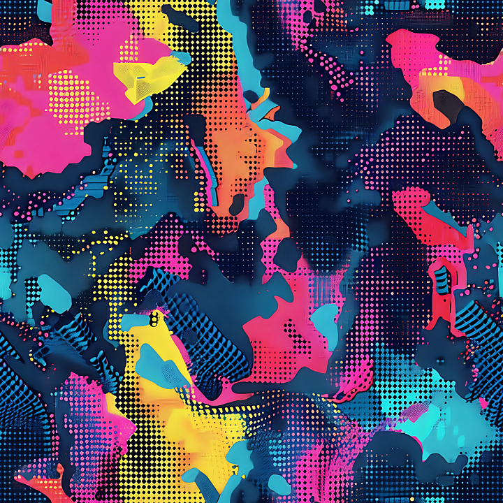 Futuristic Digital Camouflage with Neon Halftone and Abstract Color Blo… seamless PBR texture preview