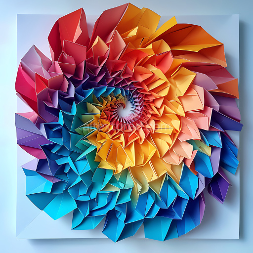 Seamless 3D PBR texture of vibrant rainbow-colored origami folds spiral