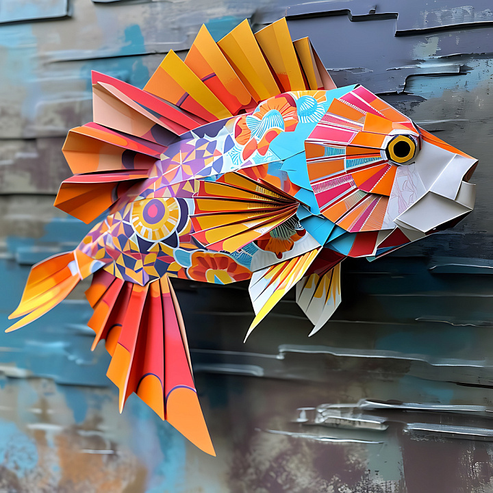 Featuring Vibrant Cichlid Origami Fish Pattern seamless PBR texture preview