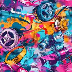 seamless Seamless 3D PBR Graffiti Texture Featuring Vintage Camera and Film Reel Motifs texture 8k free download PBR