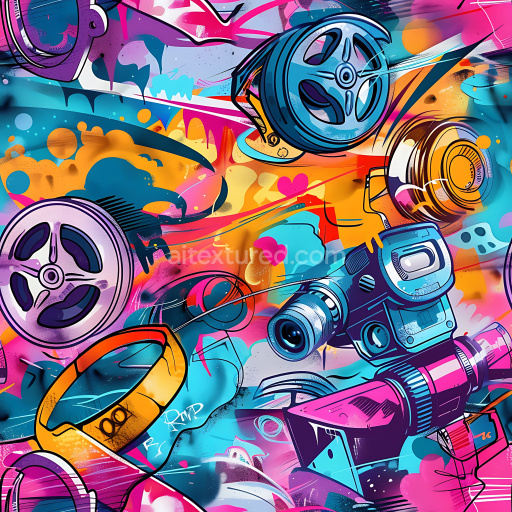 Seamless 3D PBR Graffiti Texture Featuring Vintage Camera and Film Reel Motifs
