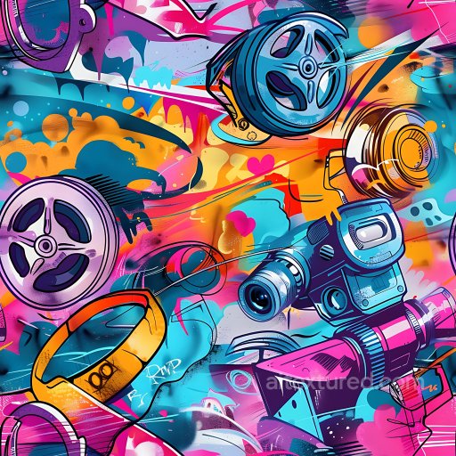 Seamless 3D PBR Graffiti Texture Featuring Vintage Camera and Film Reel Motifs texture preview