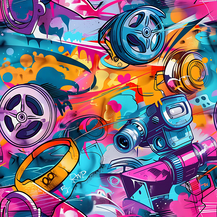 Graffiti Featuring Vintage Camera and Film Reel Motifs seamless PBR texture preview