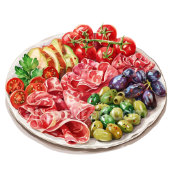 seamless Antipasto Platter Breakfast Graphic Featuring Cured Meats, Olives, and Fresh Tomatoes texture 8k free download PBR