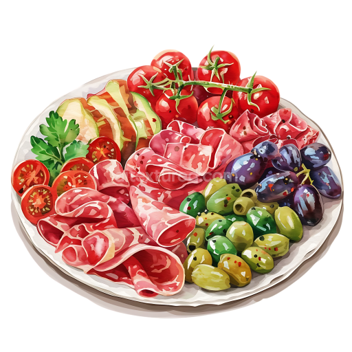 Antipasto Platter Breakfast Graphic Featuring Cured Meats, Olives, and Fresh Tomatoes