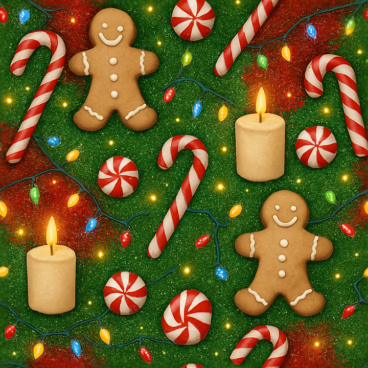 Gingerbread Cookie Candy Cane Striped Candy Christmas Lights seamless PBR texture preview