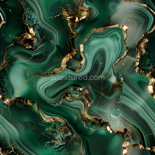 Seamless 3D PBR Glossy Texture Featuring Deep Green Agate Layers with Glossy Gold Veins