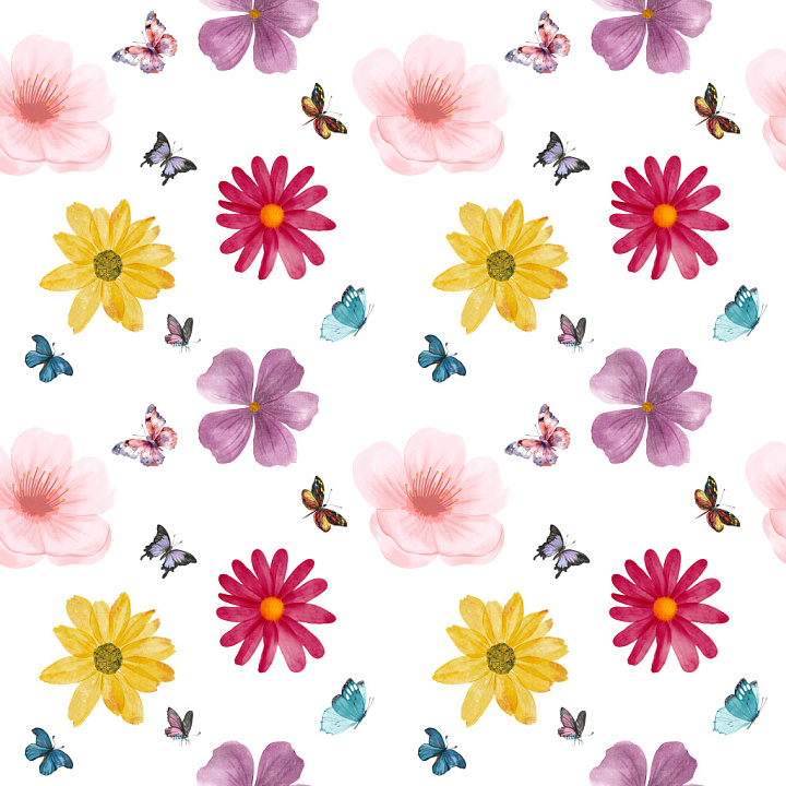 Pattern Featuring Watercolor Flowers and Butterflies seamless PBR texture preview