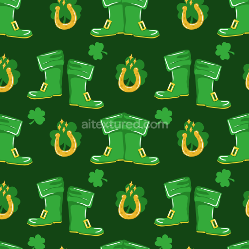 Seamless 3D PBR Texture Featuring Green Leprechaun Boots and Lucky Horseshoes