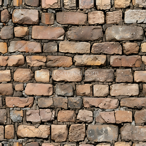 Seamless 3D Weathered Stone Wall PBR Texture with Earthy Tones and Varied Brick Pattern