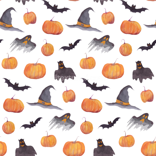 Seamless 3D PBR Watercolor Halloween Texture with Pumpkins, Witches Hats, Ghosts and Bats