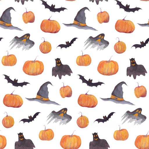 Watercolor Halloween Texture with Pumpkins, Witches Hats, Ghosts and Bats seamless Watercolor Halloween PBR texture