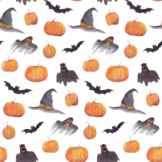 Watercolor Halloween Texture with Pumpkins, Witches Hats, Ghosts and Bats Watercolor Halloween texture preview