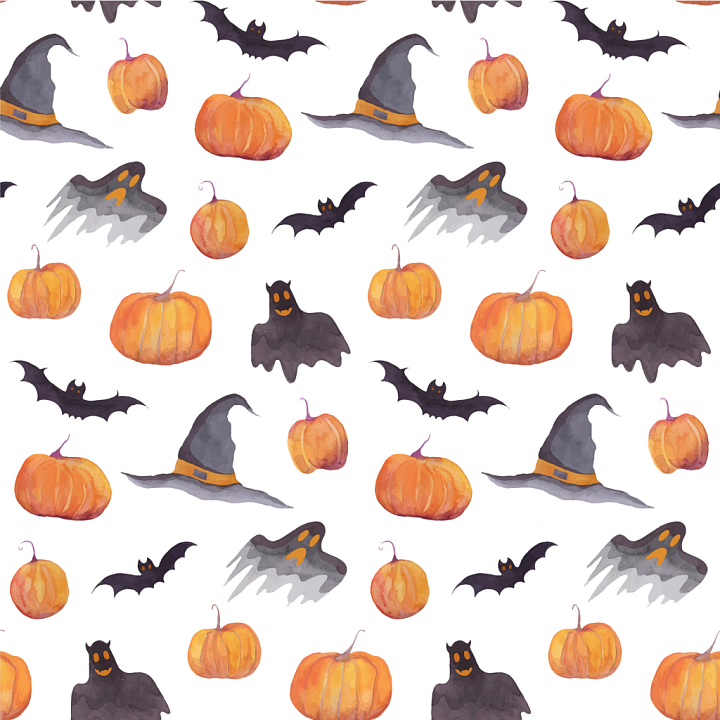 Watercolor Halloween with Pumpkins, Witches Hats, Ghosts and Bats seamless PBR texture preview