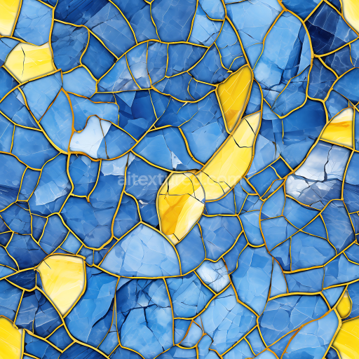 Seamless 3D Blue and Yellow Marble Mosaic PBR Texture with Gold Veins