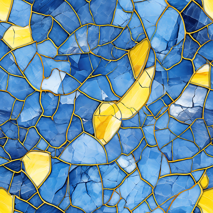 Blue and Yellow Marble Mosaic with Gold Veins seamless PBR texture preview