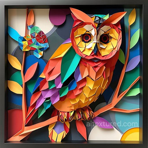 Animal - Seamless 3D PBR Texture Featuring Barred Owl Origami Pattern in Vivid Colors texture preview