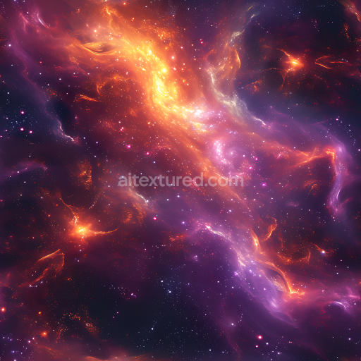Seamless 3D Space PBR Texture Featuring Fiery Nebula with Glowing Gas Clouds and Starfield