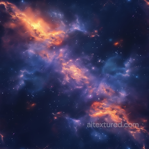 Space PBR Texture Featuring Fiery Orange Nebula Clouds and Deep Blue Starfield seamless Star, space, planets PBR texture