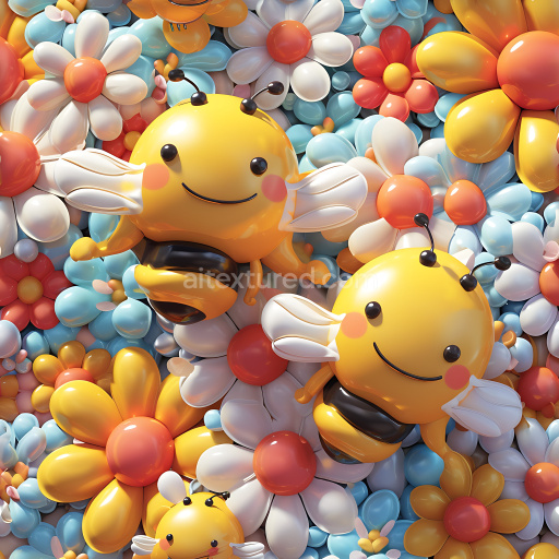 Seamless 3D Inflated PBR Texture Featuring Glossy Cartoon Bees and Colorful Flowers