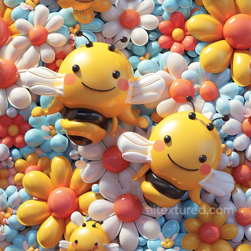 Inflated PBR Texture Featuring Glossy Cartoon Bees and Colorful Flowers seamless Inflated PBR texture