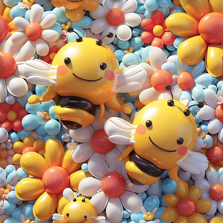 Inflated with Glossy Cartoon Yellow Bees and Colorful Puffy Flowers seamless PBR texture preview