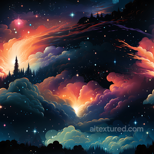 Cosmic Nebula PBR Texture Featuring Glowing Starfield & Silhouetted Pines seamless Star, space, planets PBR texture