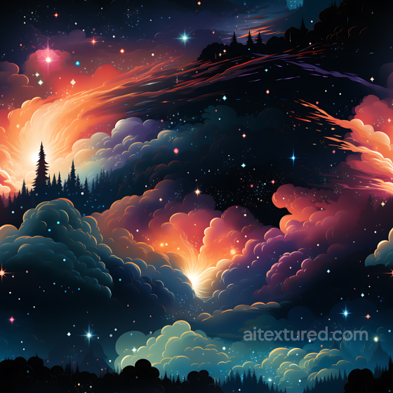 Cosmic Nebula PBR Texture Featuring Glowing Starfield & Silhouetted Pines Star, space, planets texture preview