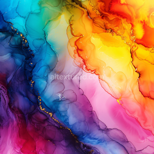 Seamless 3D Alcohol Ink PBR Texture Featuring Vibrant Multicolor Fluid Waves and Delicate Gold Veining