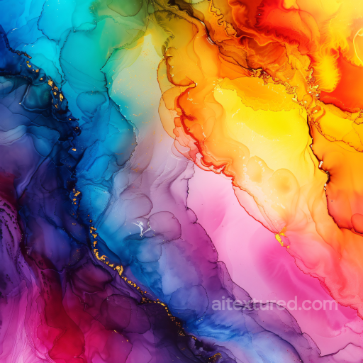 Alcohol Ink PBR Texture Featuring Vibrant Multicolor Fluid Waves and Delicate Gold Veining seamless Alcohol ink PBR texture