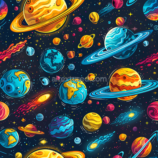 Seamless 3D PBR Space Texture with Cartoon Planets and Cosmic Elements