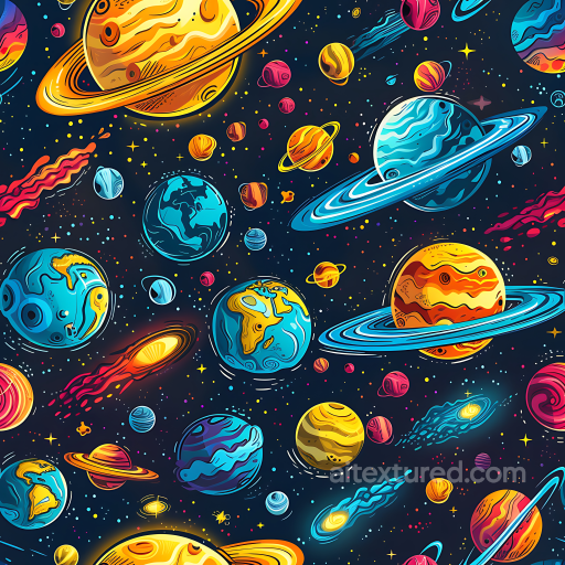 Space Texture with Cartoon Planets and Cosmic Elements seamless Star, space, planets PBR texture