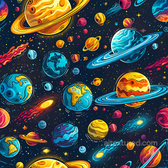 Space Texture with Cartoon Planets and Cosmic Elements Star, space, planets texture preview