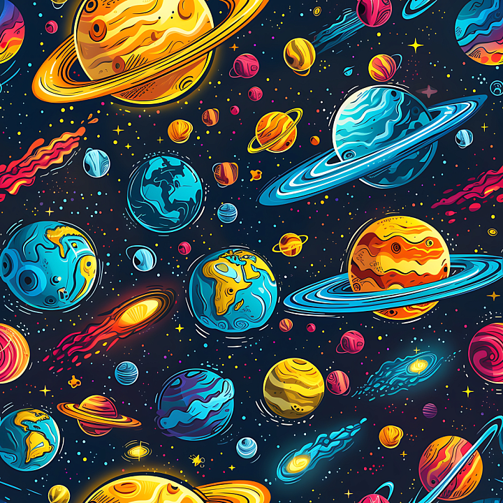 Space with Cartoon Planets and Cosmic Elements seamless PBR texture preview