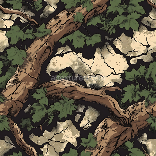 Seamless 3D Woodland Camouflage PBR Texture Featuring Detailed Tree Bark and Green Leaf Overlay
