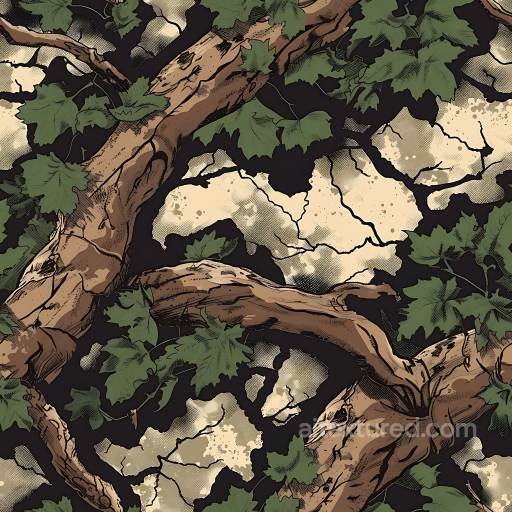 Woodland Camouflage PBR Texture Featuring Detailed Tree Bark and Green Leaf Overlay seamless Color Camouflage PBR texture