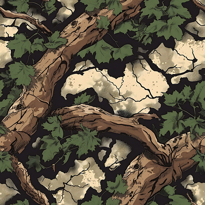 Woodland Camouflage Featuring Detailed Tree Bark and Green Leaf Overlay seamless PBR texture preview