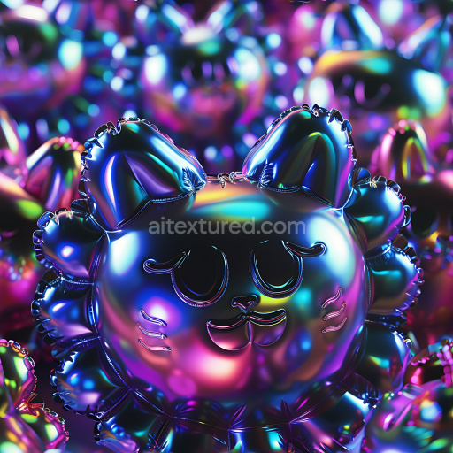 Seamless 3D Inflated PBR Texture Featuring Iridescent Balloon-Like Surface with Cute Cat Face