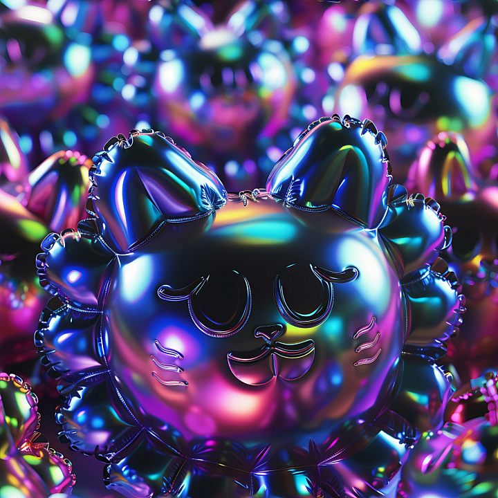 Inflated Featuring Iridescent Balloon-Like Surface with Cute Cat Face seamless PBR texture preview