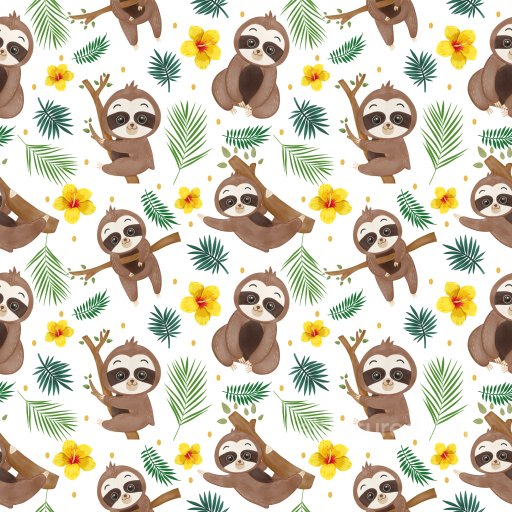 Pattern PBR Texture Featuring Cute Sloth Motifs with Tropical Leaves and Bright Flowers seamless Pattern Bundle PBR texture
