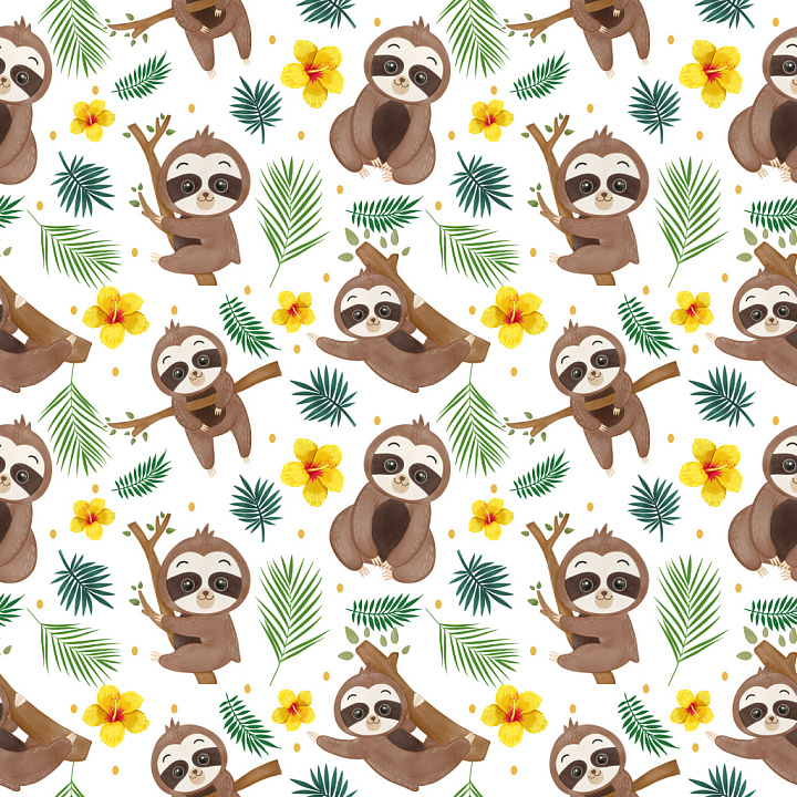 Pattern Featuring Cute Sloth Motifs with Tropical Leaves and Bright Flo… seamless PBR texture preview