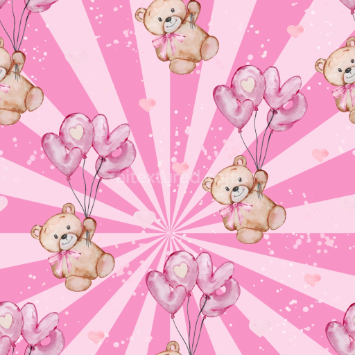 Seamless 3D PBR Texture with Baby Girl Teddy Bears and Pink LOVE Balloons