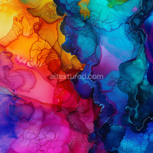 Seamless 3D Alcohol Ink PBR Texture Featuring Vibrant Multicolor Fluid Flow and Intricate Veins